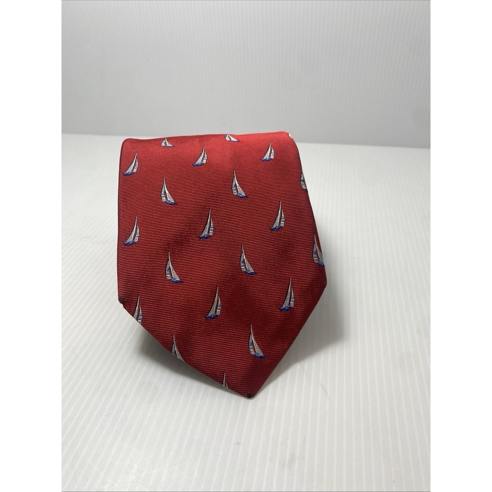 Brooks Brothers Woven Silk Tie. Red Blue with Sailboats T56